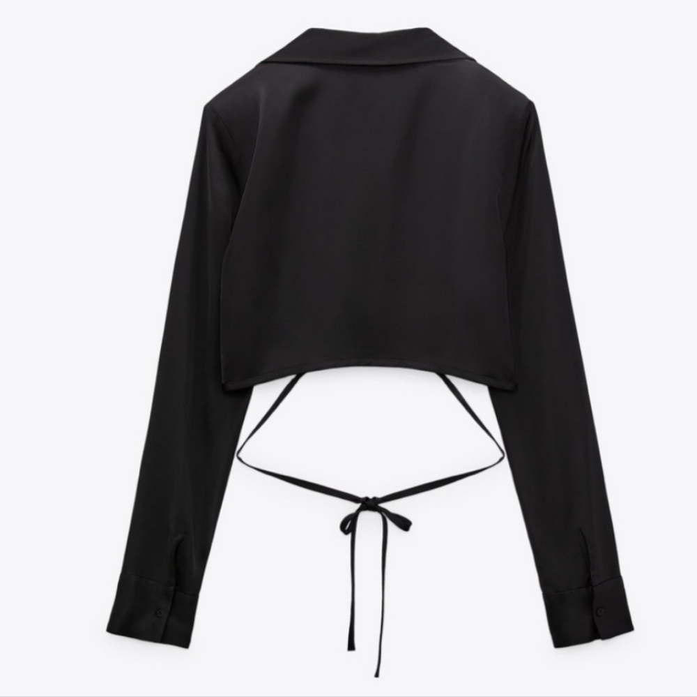 Zara Satin Effect Cropped Tie Front Blouse Top Black Size S - Picture 6 of 7